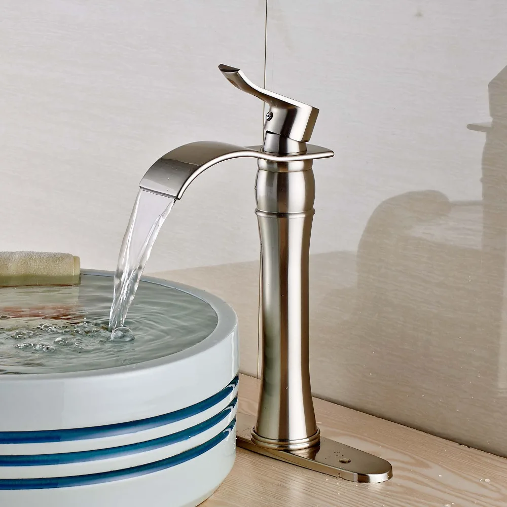 Deck Mounted Waterfall Spout Solid Brass Brushed Nickle Bathroom Sink