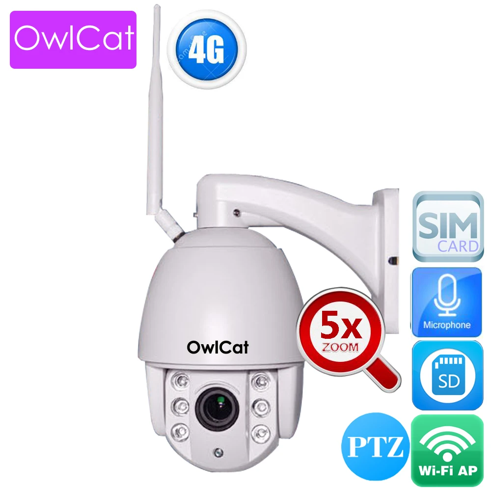 

OwlCat Hi3516C+Sony323 cmos 4G IP Camera WIFI with SIM Card SD Memory Storage Card Slot Outdoor IP66 Audio IR PTZ x5 zoom