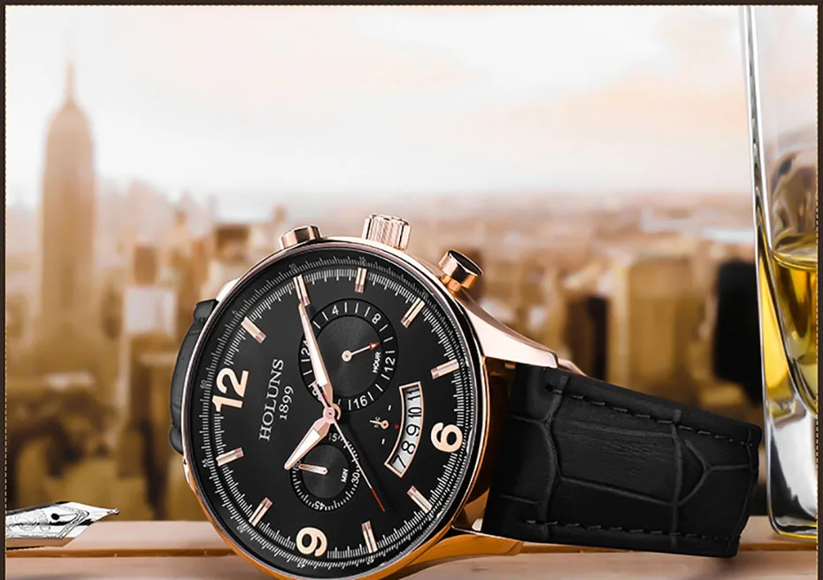 HOLUNS Men Leather Strap Watch 24 Hour Quartz Watches Casual Wristwatch Water Resistant Luxury Round Glass Dial Clock (22)