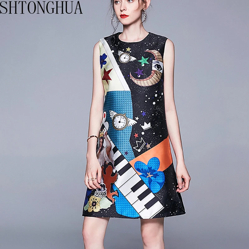 

SHTONGHUA 2019 Summer Fashion Elegant Mini Dresses Luxury Sleeveless Vintage Print Ladies Slim Party Dress