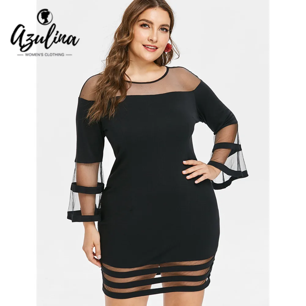 Beste AZULINA Plus Size Flare Mouw Mesh Yoke Bodycon Vrouwen Jurk Casual O Hals Lange Mouw Mini Jurken Vestido Herfst Lente jurk
