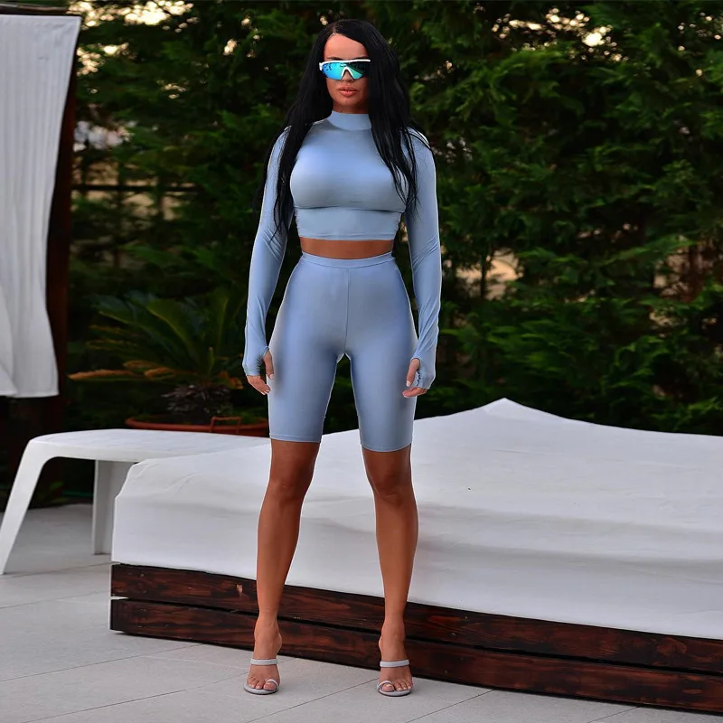 

Women High collar finger set long sleeve shirt tight abdomen shorts two sets 2019 sexy fashion high street female set B146