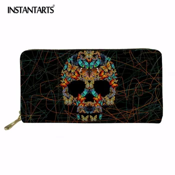 

INSTANTARTS Skull Print Long Wallet Women Zipper PU Leather Card Slots Phone Bag Cash Purse Girls Clutch High Quality Purses