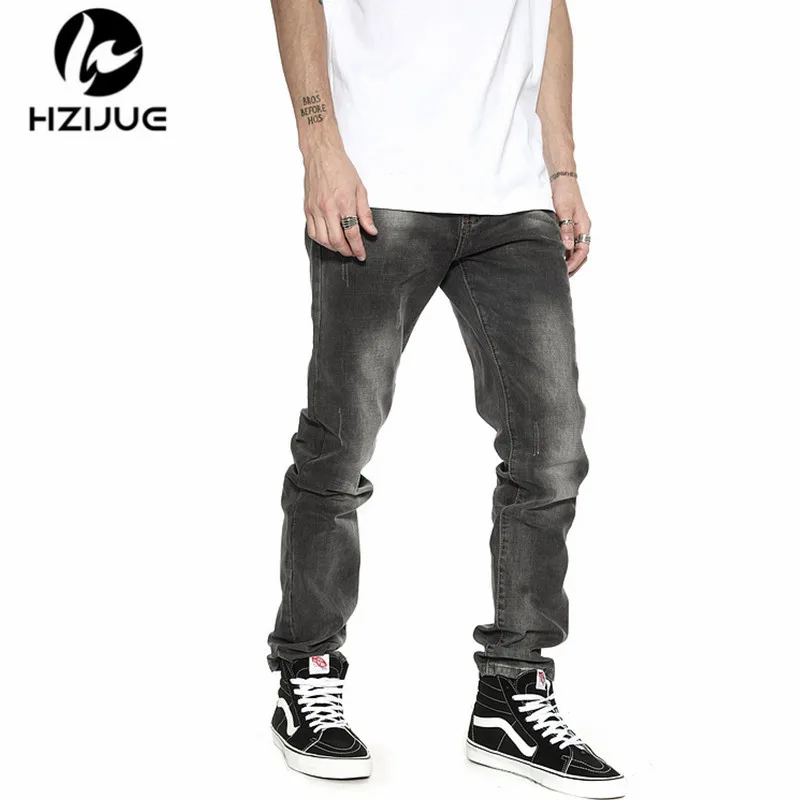 

HZIJUE 2017 Mens jeans men high street slim elastic jeans denim Biker jeans hiphop pants Washed black jeans men black
