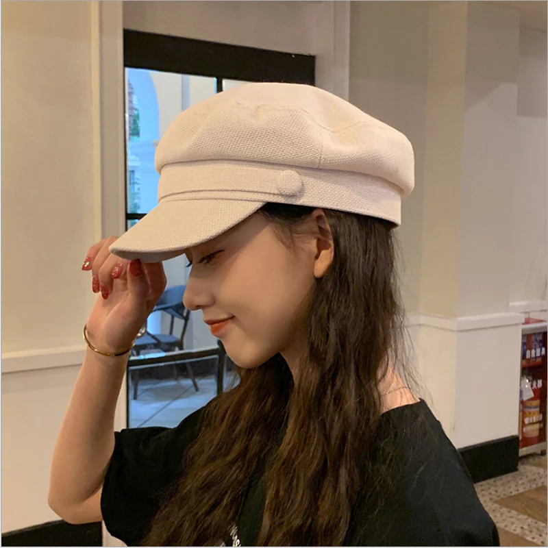 

Women's Hat Flat Cap Military Cap Spring Autumn Linen Octagonal Cap Solid Color Flat Top Military Hats Young Student Hat Female