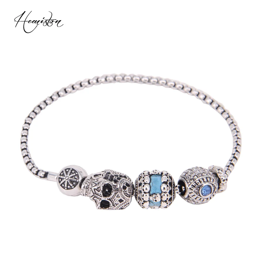 

Hemiston TS KM Bead DIY Bracelet With Blue Skull Beads Stopper, Rebel Heart Style Bracelet For Men TS KB542