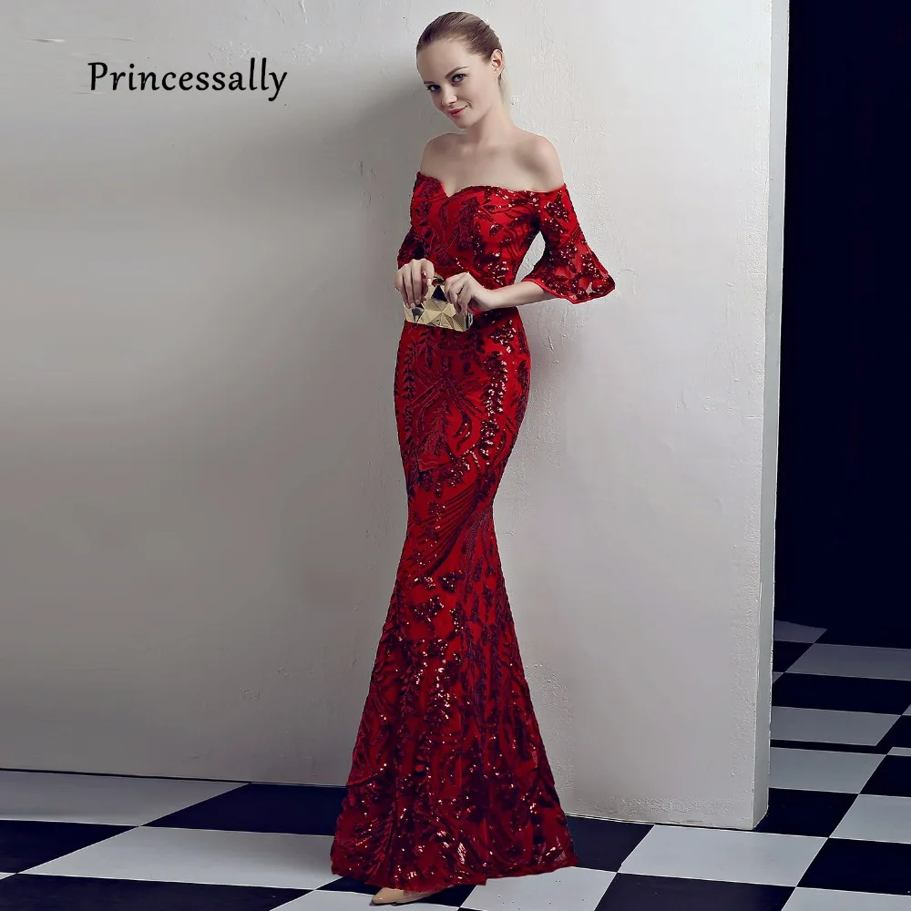 

New Mermaid Evening Dress Floor Length Sequin Sexy Boat Neck Half Sleeve Prom Red Evening Gowns For Women Abend Kleider 2019