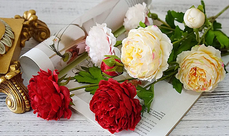 3 Heads Artificial Rose Peony Flower branch with leaves Silk flores peonies for indoor Home table decor wedding decoration party supply 9 6