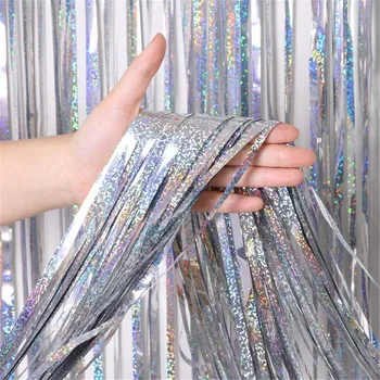 

2M 3M 4M Silver Metallic Foil Tinsel Fringe Curtain Chrome Metal Shimmer Curtain for Birthday Wedding Party Photo Props 2020