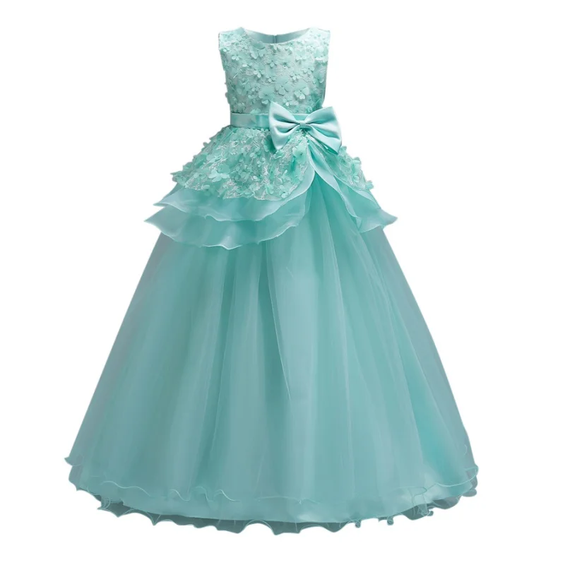 

5-16 Years Kids Girls Flower Wedding Dress Elegant Princess Party Pageant Formal Bowknot Dress Sleeveless Side Tulle Long Dress