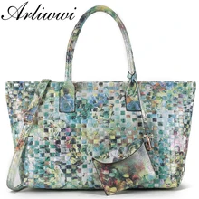 Arliwwi Brand Designer Luxury Handmade Knitting Women Tote Handbags Large Capacity Floral shiny Woven Bags