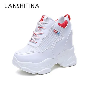 

2019 Women Sneakers Mesh Casual Platform Trainers White Shoes 11CM Heels Spring Wedges Breathable Woman Height Increasing Shoes