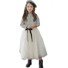 Комплект для девочек, коллекция года, Весенняя детская одежда детская полосатая одежда для подростков футболка с длинными рукавами+ длинная фатиновая юбка комплекты из 2 предметов, От 4 до 14 лет