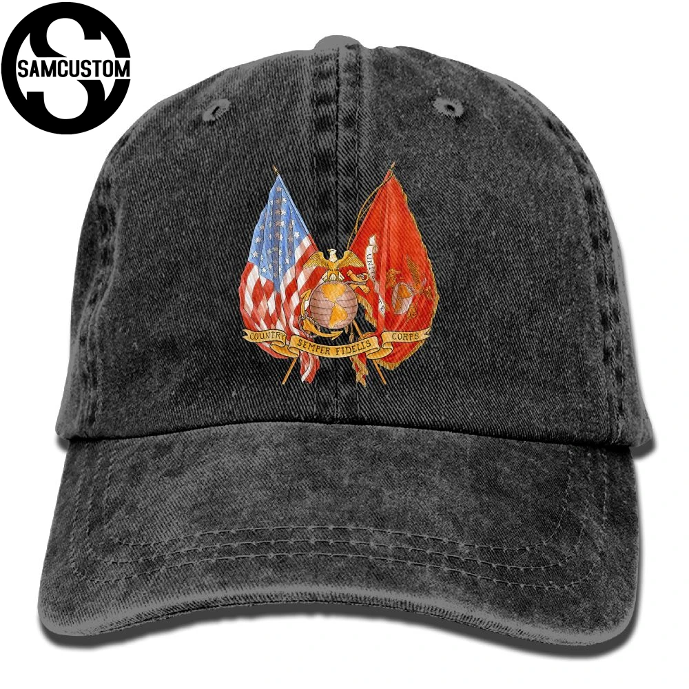 SAMCUSTOM United States Marine Corps-USMC American Flag 3D Washed Denim Hats Autumn Summer Men Women Golf Sunblock Hockey Caps