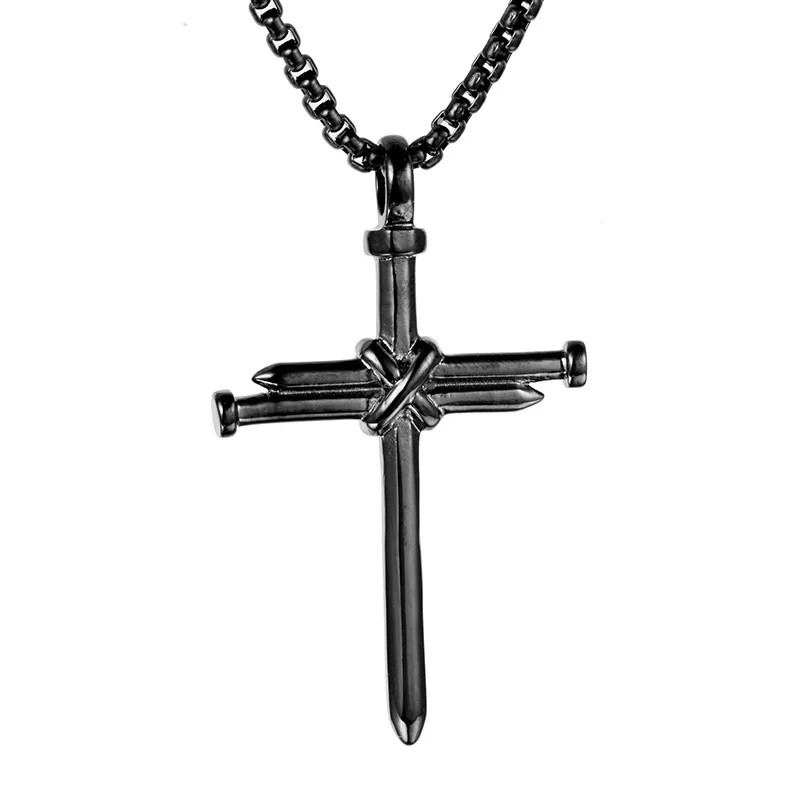 HNSP Nail Cross Necklace Pendant For Men Black Gold Silver Color