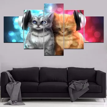 

Canvas Home Decorative 5 Pieces HD Print Animal Cat Poster Listen the Music Painting Pictures For Living Room Wall Art Framework