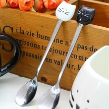 1PC Cat Ceramic Spoons Stainless Steel Cartoon Ice Cream Sugar Tea Dessert Spoon