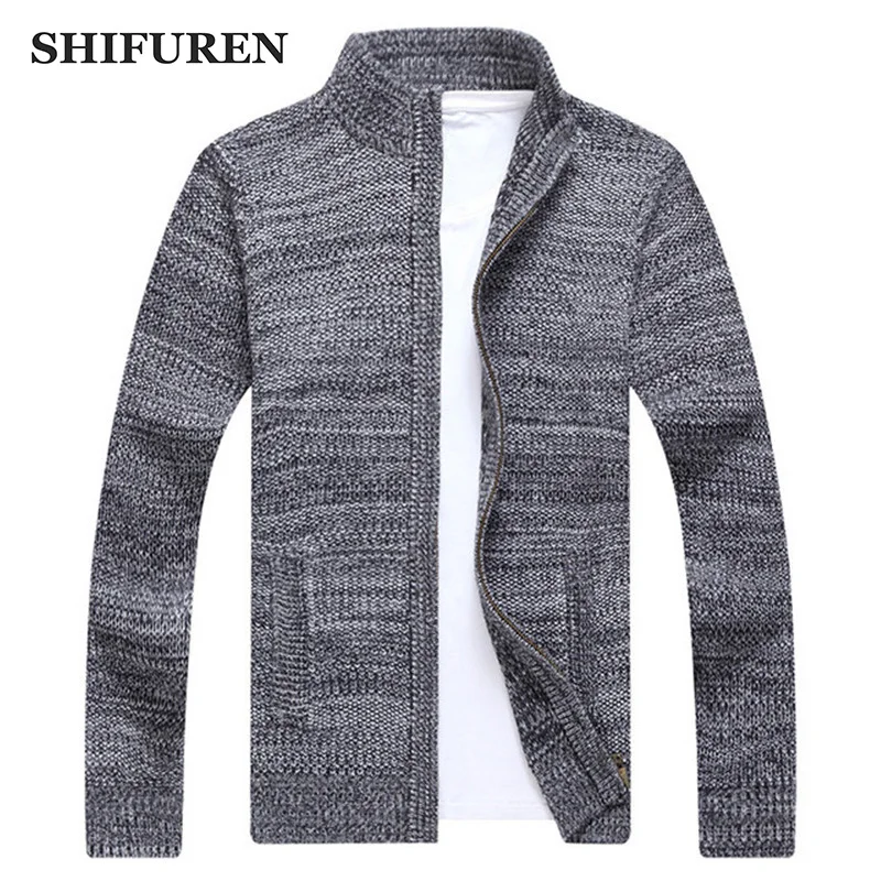 SHIFUREN Новый осень-зима свитера куртки Для мужчин с длинным рукавом и стоячим воротником Повседневное трикотажные кардиганы пальто на