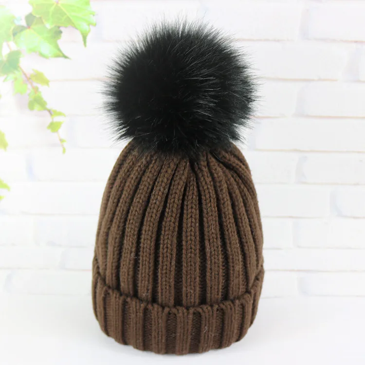 Вязаная шапка с большим помпоном, женские зимние шапки для женщин, женские шапочки для девочек, детские Skullies Femme SnapBack, теплая шерстяная шапка - Цвет: Brown
