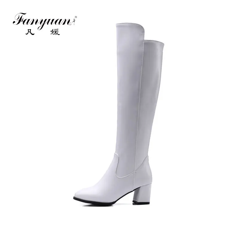 

Fanyuan New Knee High Boots Women Round Toe High Heels Winter Shoes Women Fashion Square Heel Warm Leather Long Zipper Boots