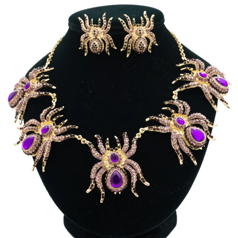 

Purple Rhinestone Crystals Animal Tarantula Spider Necklace and Earring Set For Halloween