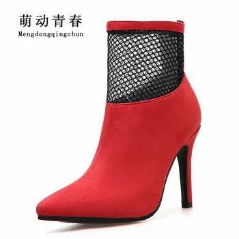 

2019 New Design Women Ankle Boots Sexy Mixed Color Mesh Flock Red Wedding Boats Mujer Pointed Toe Dress Chelsea Boots for Female