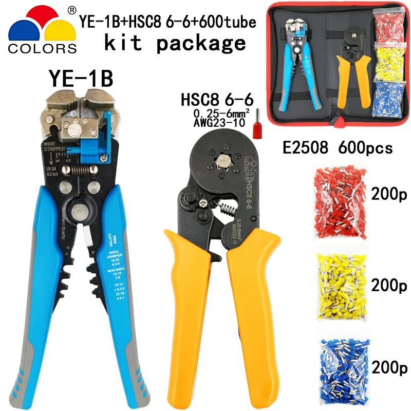 Набор обжимных инструментов HSC8 10 S/6-4/6-6 плоскогубцы синие плоскогубцы для зачистки резки 600 шт. E2508 трубчатый терминал костюм брендовый набор электрических инструментов - Цвет: HSC8 6-6 Y1B 600P
