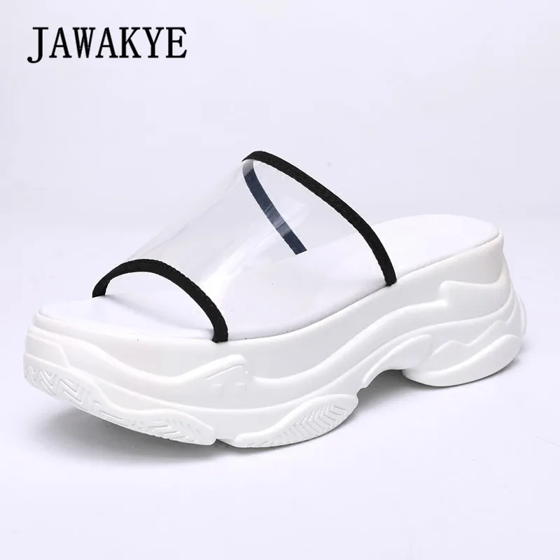 

New Peep Toe PVC Clear Transparent Shoes Women Platform slippers White sole Slip on Flat Beach Caged Shoes Woman Sandalias Mules