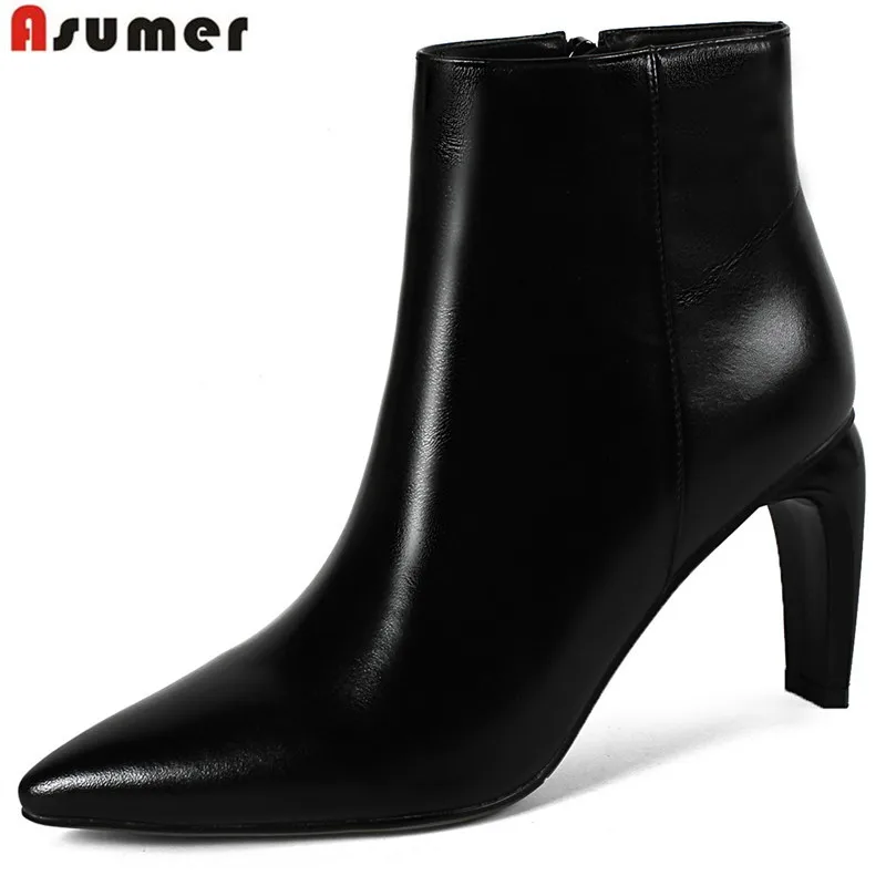 

ASUMER Plus size 34-43 genuine leather boots ankle boots pointed toe zip autumn winter boots women high heels shoes woman