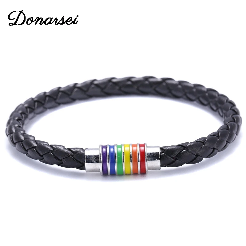 

Donarsei Handmade Rainbow Lesbian LGBT Pride bracelet Gay Braided Leather Bracelet Friendship Magnetic Bracelet Wristlet gift