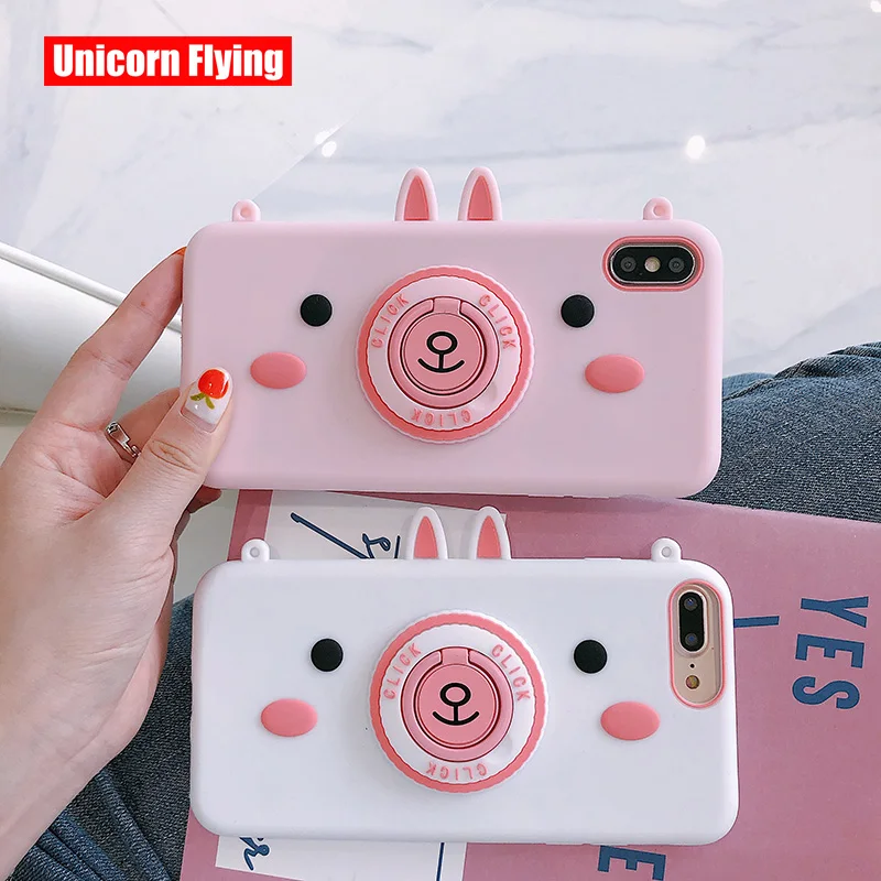 

LinXiang Lovely Cartoon Rabbit Camera Ring Stand Silicone Soft Phone Holder Case Back Cover For iphone 6 6s 7 8 Plus X XS Max XR