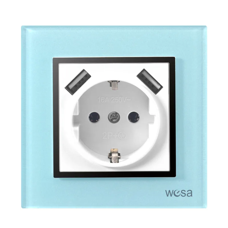 

Double USB Port 5V 2A Blue Plastic frame wall socket Free shipping European Plug Sockets Power Supply Wall Mount Charger