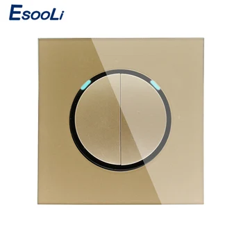 

Esooli New Arrival Gold Crystal Glass Panel 2 Gang 1 Way Random Click On / Off Wall Light Switch With LED Indicator