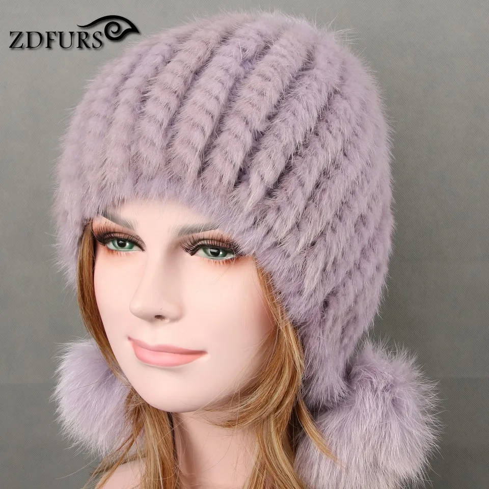 

Glaforny Real Mink Fur Hat Winter black/beige/gray ladies Knitted Fur Cap Ear Protector Fur Bomber Hat with Pom Fur Mink Fox