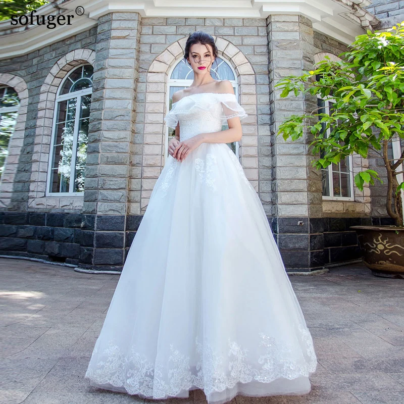 

18 Boat Neck Wedding Dresses Short Sleeves Appliques Flowers Royal Brida Robe de Marriage Wedding Gowns Elegant Real Photos