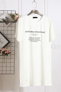 

Bamboo cotton short sleeve loose big t-shirts female bf trend all-match hole Split T-shirt skirt medium long 87cm