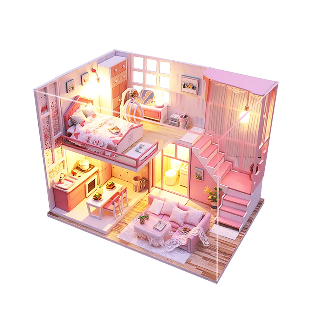 Светодиодный кукольный дом мебель Diy Миниатюрный 3D Деревянный миниатюрный кукольный домик игрушки для детей подарки на день рождения дуплекс квартира - Цвет: Белый