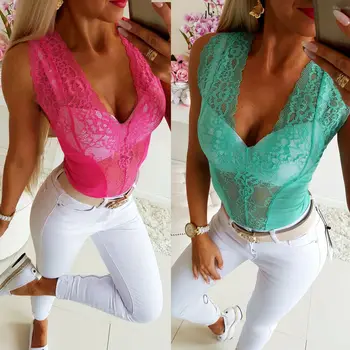 

New Womens Ladies Fashion Casual Summer Stretch Bodysuit Sleeveless Solid Lace V Neck Bodysuit Party Clubwear