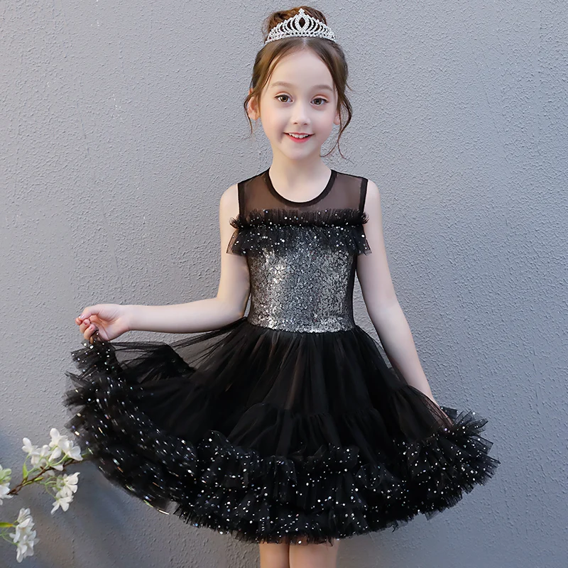 

Black Sequined Girl's Dress Summer Princess Dress Sleeveless Flower Girl Dress Ball Gown Short Style Kids Pageant Gowns AA23