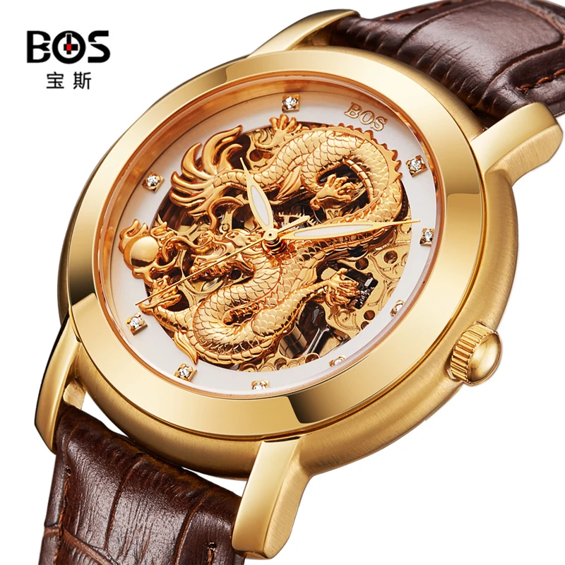 2016 Famous Brand BOS Gold Watches Men 3D China Dragon Mechanical Watch