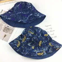 Ретро перо печати двойной деним джинсавая шляпа мужская Рыбацкая шляпа плоская хип хоп Панама женская солнцезащитная Кепка кости путешествия Кепка