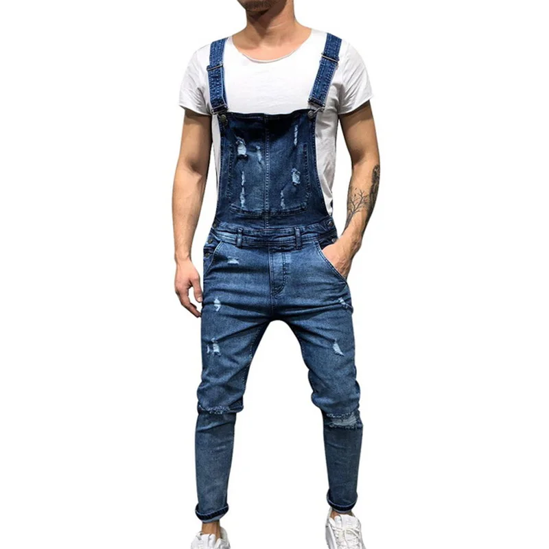 Men's Suspenders Denim Bib Overalls Fashion Ripped Jeans Slim Jumpsuit Pockets