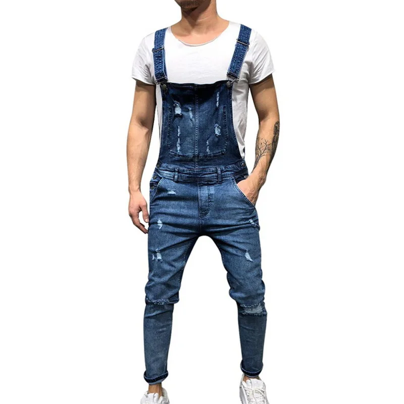 Mono vaquero rasgado para hombre, peto informal con tirantes, de moda, Hip Hop, ropa de calle|Pantalones vaqueros| - AliExpress