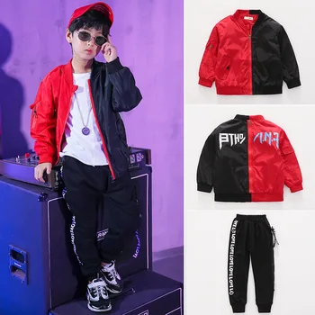 

2018 Kids Adults Autumn set Costumes Love Jazz Hip Hop dance Pants & Black Red patchwork Outwear kids suits twinset