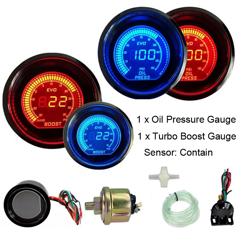 52mm Car Turbo Boost Gauge Oil Pressure Gauge Psi 12V Auto Blue and Red