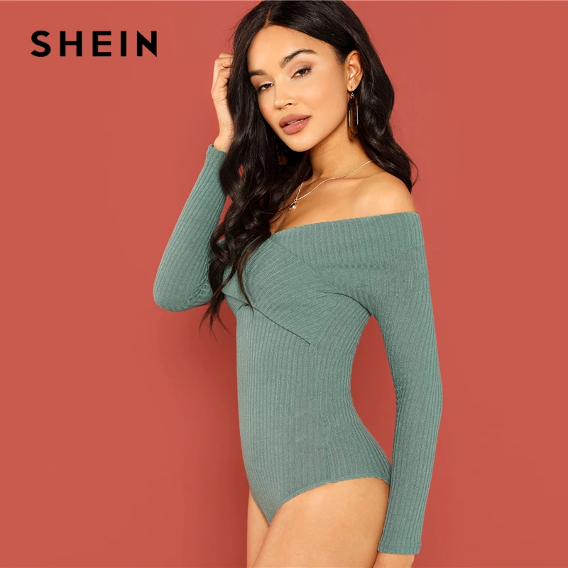 SHEIN الأخضر الصليب التفاف الجبهة ضلع متماسكة باردو ارتداءها أنيقة قبالة الكتف نحيل داخلية النساء الخريف عادي ارتداءها