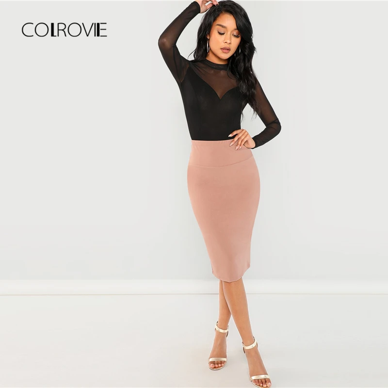 COLROVIE Black Solid Mock Neck Mesh Panel Skinny Sexy Bodysuit Women Autumn Long Sleeve Office Female Basic Night Out Bodysuits