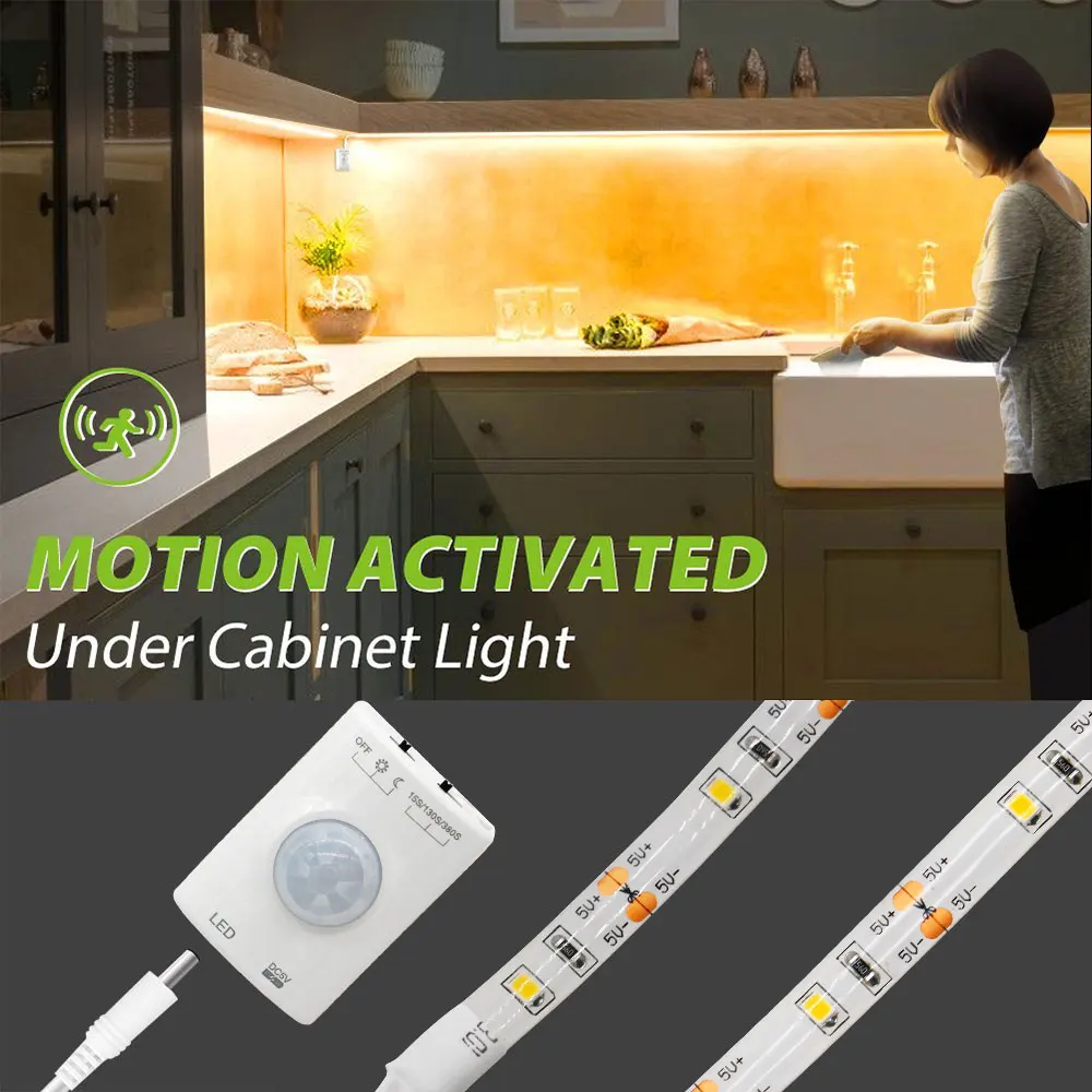 DBF под освещение шкафа, на батарейках/USB Перезаряжаемый движение активированный светодиодные полосы света комплект для шкафа, кухни, гардероба