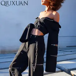 Qiuxuan крутой металлической цепью подробно для женщин мотобрюки мода молния лоскутное черные прямые брюки уличная высокая талия