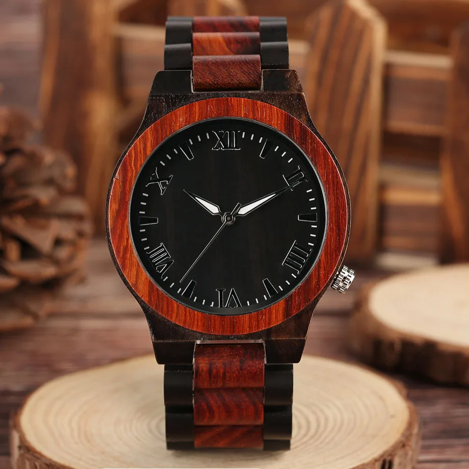 Nature Red Black Wood Watch Men Quartz Sandalwood Wristwatch Rome Number Black Dial Sport Businessmen Watch  Relogio Masculino (7)